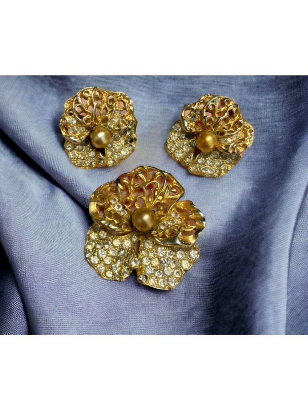 SIGNED Hobe Gold Tone Rhinestone Flower Brooch & Clip On Earring Set Floral Hobé